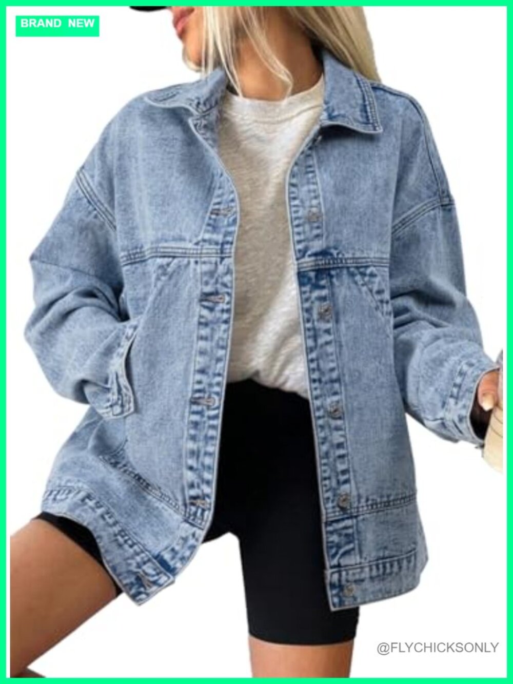 Womens Classic Denim Jacket Drop Shoulder Button Front Coat with Pockets